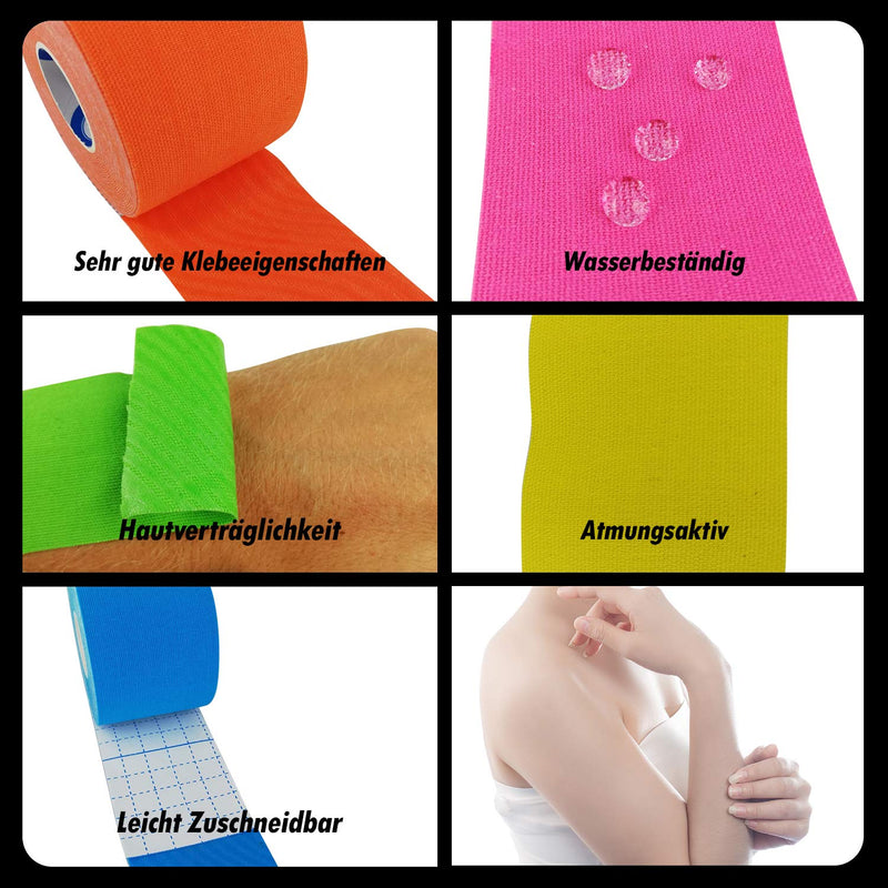 Talasi Kinesiology Tape Set - 6 rolls mix of 5cm x 5m each - including tape guide with information and instructions for taping with Kinesio tapes - NewNest Australia