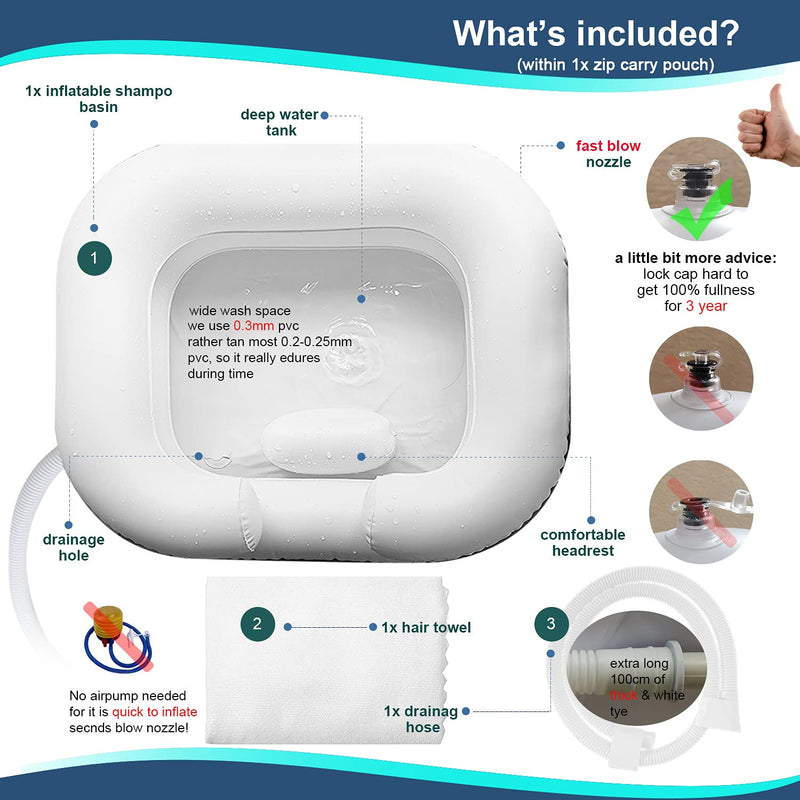 Large Inflatable Shampoo Basin Portable Hair Washing Bowl with Head Pillow and Towel for Elderly, Bedridden, Disabled, Handicapped and Injured in Travel, Hospital or at Home, Pure White New Set - NewNest Australia