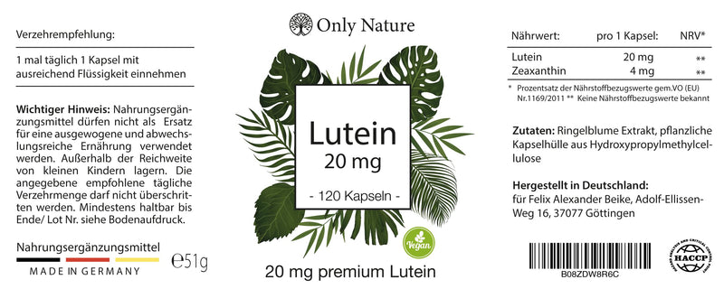 Only Nature Lutein 20 Mg (With 4 Mg Zeaxanthin) - 120 Capsules - Extra High Dose - Produced In Germany & Laboratory Tested Eye Capsules - 100% Vegan - Lutein High Dose - NewNest Australia