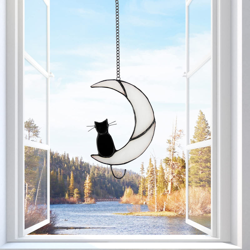 Stained Glass Window Hanging, Black Cat on The Moon Suncatcher Ornament Decor - NewNest Australia