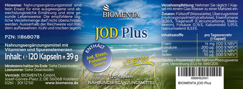 BIOMENTA Iodine Plus - 120 high-dose iodine capsules - active ingredient complex with selenium, folic acid, iron - vegan - premium quality - NewNest Australia