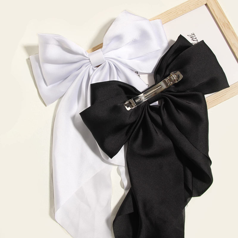 Bow Hair Clips Hair Slides Solid Color Bowknot Hairpin French Barrette with Long Silky Satin Tail Large Bows for Women Girls Hair Barrettes Scrunchies Accessories Pack of 2 (Black & White) - NewNest Australia