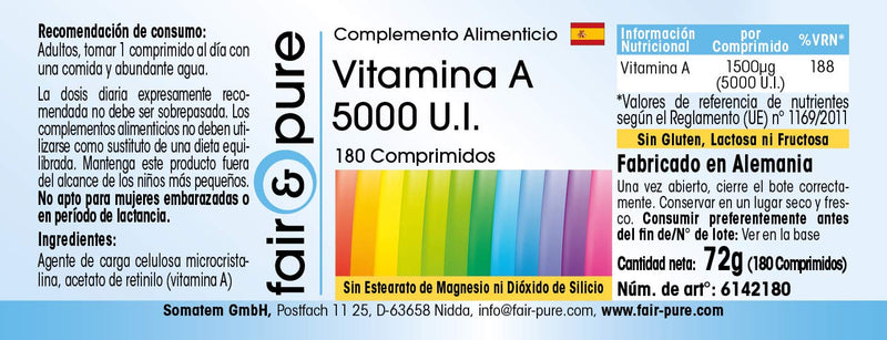 Fair & Pure® - Vitamin A 5000 IU (1500µg) - Retinyl Acetate - vegan - without magnesium stearate - 180 tablets - NewNest Australia