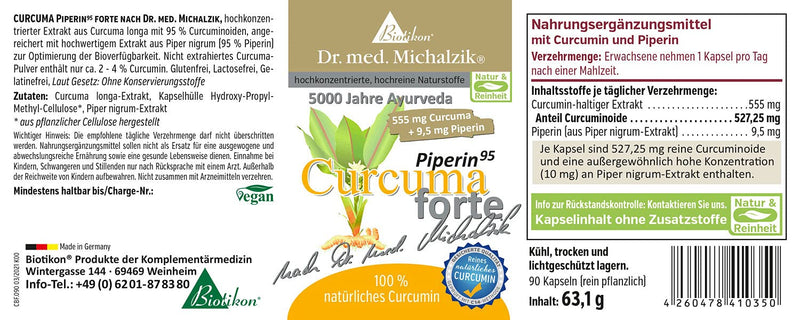 Curcuma Piperin forte Dr. med. Michalzik - high curcumin content - 527.25 mg curcuminoids - 10 mg piperine extract (95% piperine) per capsule - 90 capsules - PURELY NATURAL proven C14 ISOTOP ANALYSIS - from BIOTIKON® - NewNest Australia