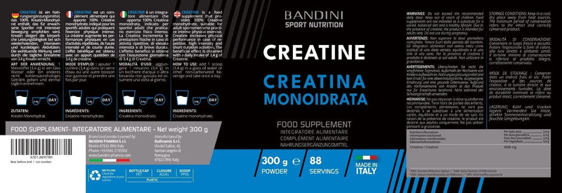 Bandini Creatine Monohydrate Mercury-Free Powder 300 G Pure - High Dose Creatine - Supplement For Training, Sports, Gym And Pre-Workout - Creatine Without Additives - 100% Vegan - Supply For 88 Days - NewNest Australia