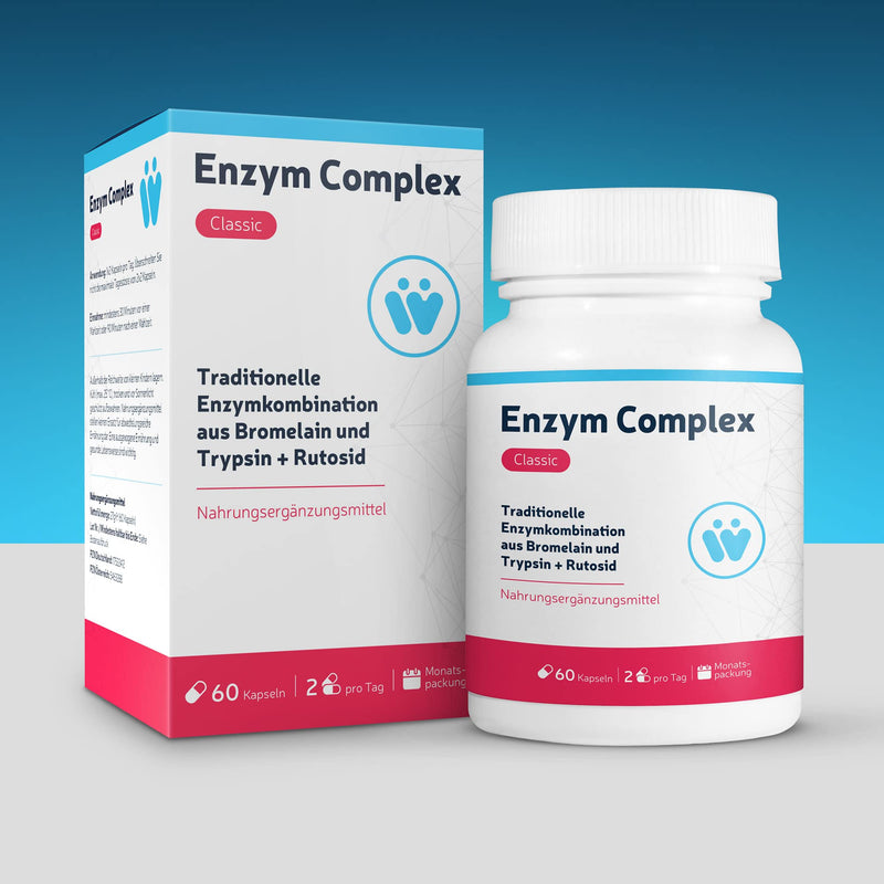 Enzyme Complex Classic - With high-dose bromelain pineapple enzyme + trypsin + rutoside - monthly pack with 60 enzyme capsules - traditional systemic enzyme combination - NewNest Australia