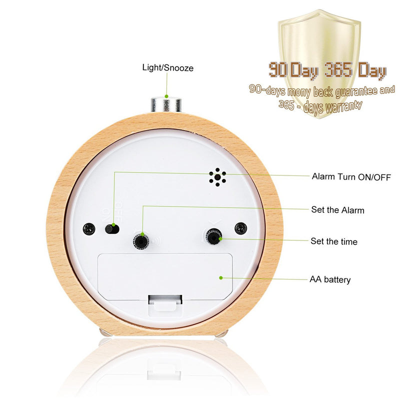 NewNest Australia - ECVISION Handmade Classic Small Round Silent table Snooze beech Wood Alarm Clock with nightlight Light Woodgrain 90*90*50mm 