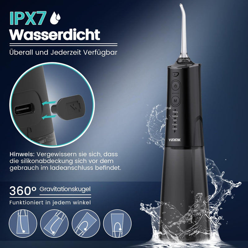 Oral Irrigator Wireless Electric Tooth Cleaner, Vimmk Dental Irrigator Water Flosser 5 Modes & 8 Nozzles USB-C Rechargeable Water Flosser IPX7 Waterproof, 300ML Water Tank Mouth Cleaner (Black) Black - NewNest Australia