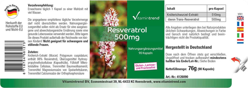 Resveratrol 500mg - 90 capsules made from knotweed extract, high dosage, vegan | Vitamin trend - NewNest Australia