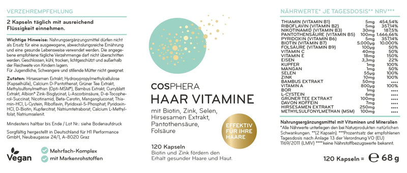 Cosphera Hair Vitamins - Highly Dosed With Biotin, Selenium, Zinc, Folic Acid, Millet Seed Extract - 120 Vegan Capsules In 2 Months' Supply - Hair Capsules For Men And Women - NewNest Australia