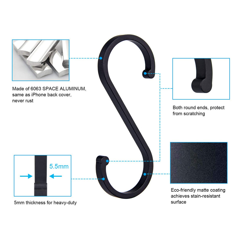 NewNest Australia - ACMETOP S Hooks, 12 Pack Aluminum S Shaped Hooks, Matte Finish S Hooks for Hanging Pots and Pans, Plants, Coffee Cups, Clothes, Towels in Kitchen, Bedroom, Bathroom, Office and Garden（Matte Black） Matte Black 