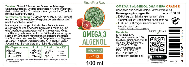Omega 3 algae oil with 998mg DHA & 535mg EPA per 2.5ml // 100 ml // THE VEGAN ALTERNATIVE TO FISH OIL (blood orange) orange - NewNest Australia