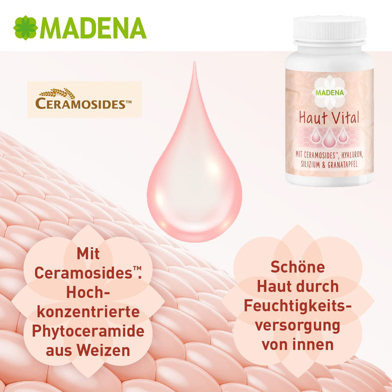 Madena Skin Vital, Skin Vitamins Against Blemished Skin, 60 Capsules High Dose With 13 Bioactive Micronutrients, Patented Ceramosides‚Ñ, Hyaluronic Acid, Pomegranate And Lignans - NewNest Australia