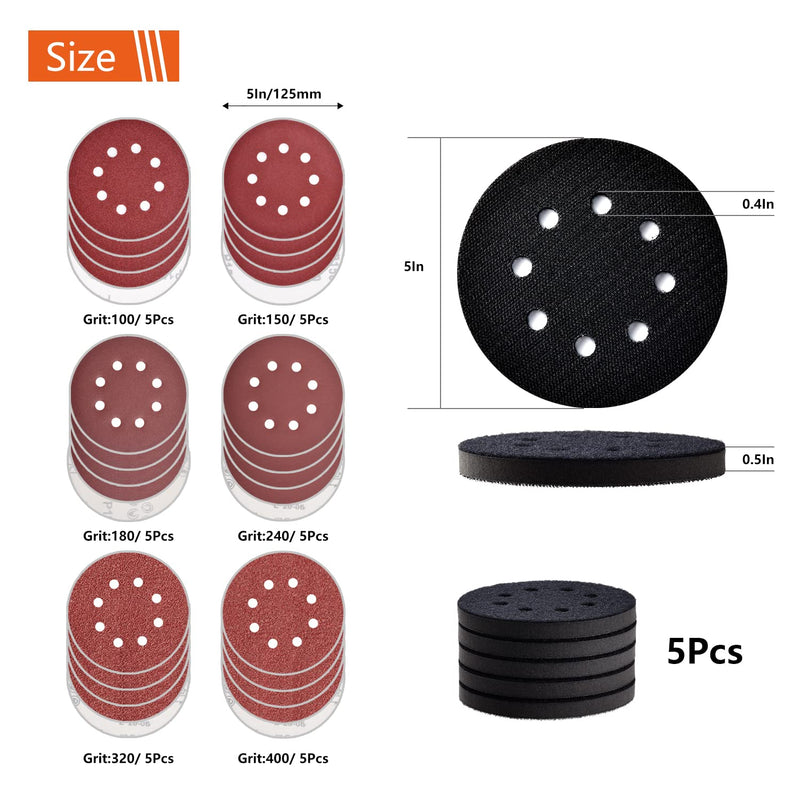 Tshya 5 Pcs 5 inch 8 Holes Hook and Loop Backing Sponge Pad Soft Density Interface Pads Buffer Backing Cushion with 30 Pcs 5 inch Sanding Discs Include 100/150/180/240/320/400 Grit - NewNest Australia