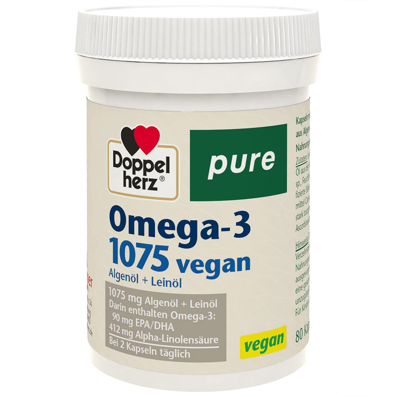Doppelherz pure Omega-3 1075 vegan - algae oil + linseed oil - alpha-linolenic acid contributes to maintaining normal cholesterol levels - 80 capsules Single 80 pieces (pack of 1) - NewNest Australia