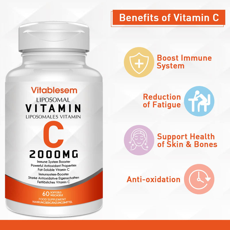 Liposomal Vitamin C Capsules 2000MG - High Strength Gluten Free & Vegan Ascorbic Acid - Immune Support Antioxidant Supplement - Non-GMO 60 Count (Pack of 1) - NewNest Australia