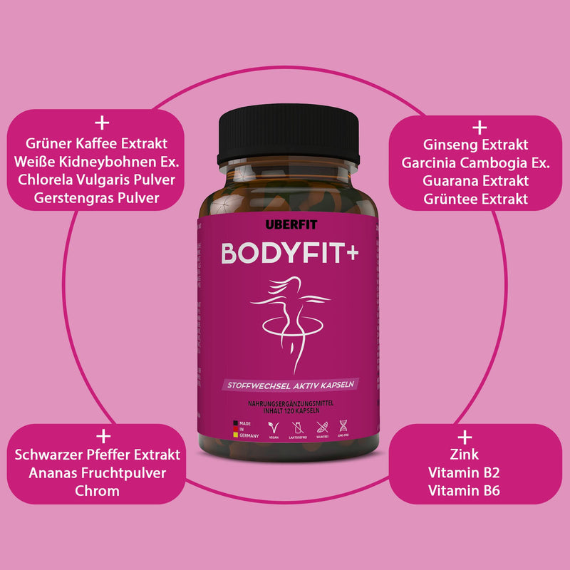 Uberfit Bodyfit+ Natural Metabolism Complex - With Guarana, Green Coffee, Green Tea, Garcinia Cambogia, White Kidney Beans, Chlorella, Ginseng And Much More - 120 Capsules Vegan - NewNest Australia