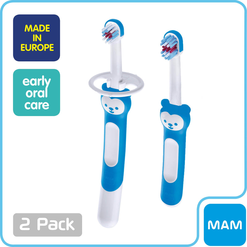 MAM Learn to Brush Set (1 Baby's Brush Toothbrush, 1 Training Brush, 1 Safety Shield), Baby Toothbrushes with Brushy The Bear, Interactive App, for Boys 5+ Months, Blue - NewNest Australia