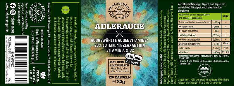 Adlerauge Eye Vitamins High Dose Important: Laboratory-Tested 5-Way Eye Complex With Lutein, Zeaxanthin, Blueberry Extract, Beta Carotene, Vitamin A & Bi 120 Pieces I Vegan & From De I Schwanzength - NewNest Australia