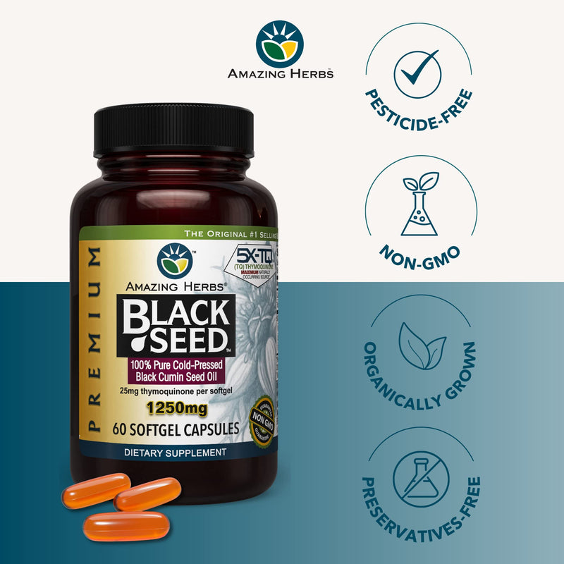 Amazing Herbs Premium Black Seed Oil Capsules - High Potency, Cold Pressed Nigella Sativa Aids in Digestive Health, Immune Support & Brain Function - 60 Count, 1250mg 60 Count (Pack of 1) - NewNest Australia