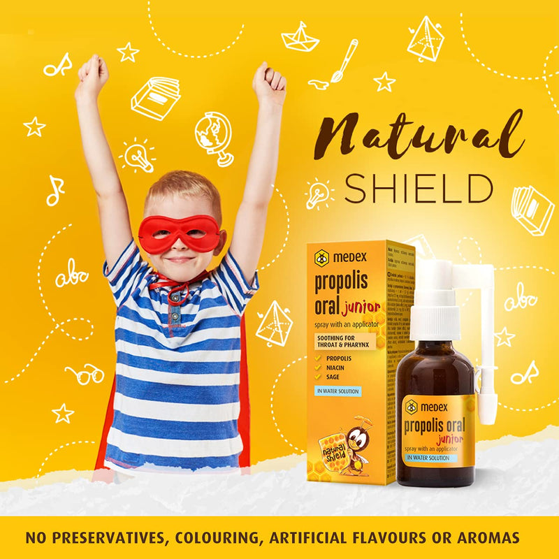 Medex Propolis Oral Junior, Mouth And Throat Spray, Water-Based, Without Alcohol; With Added Honey, Sage, Niacin, Spruce Tips, With Applicator, For Children From 3 Years, 30 Ml - NewNest Australia
