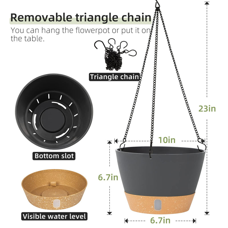2 Pack Hanging Planters Set,10 Inch Indoor Outdoor Hanging Plant Pot Basket,Hanging Flower Pot with Drainage Hole with 3 Hooks for Garden Home(Grey) Gray - NewNest Australia
