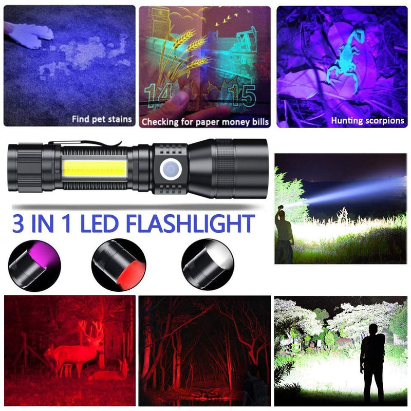 Black Light Flashlight Rechargeable, 3in1 LED Tactical Flashlight UV Black Light & Redlight, 1200Lumen 7 Light Modes, Zoomable, Waterproof Pocket-size Flashlight for Pet Urine Stains Detection/Camping 2pcs - NewNest Australia