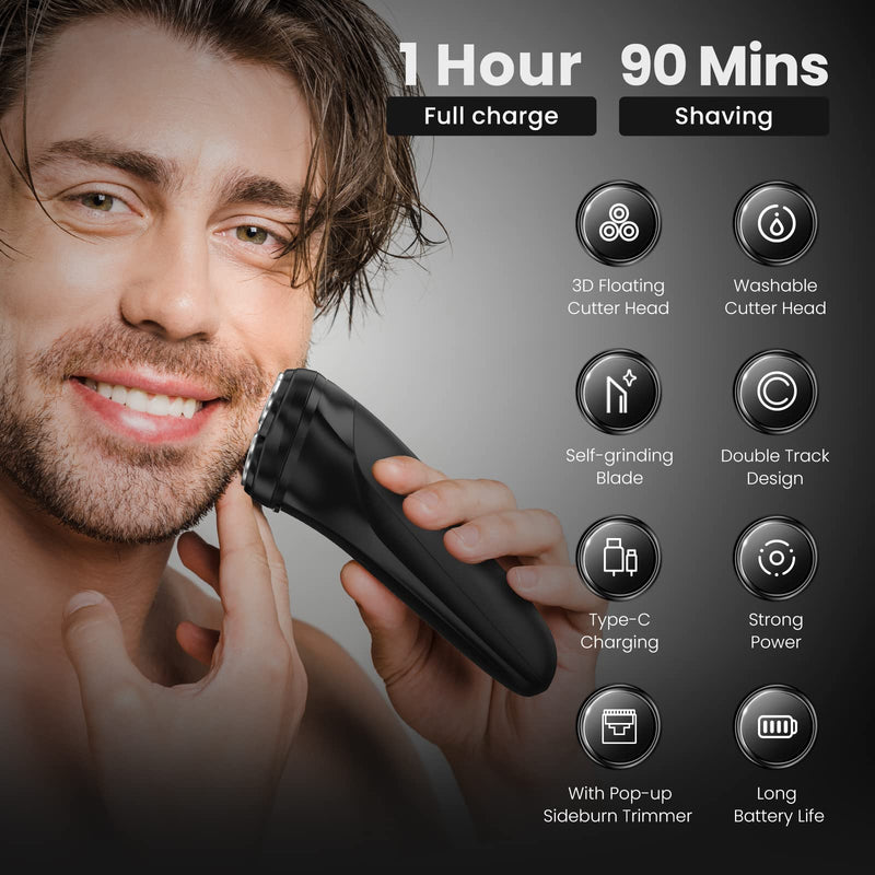 3D Electric Shaver Rotation Shaver, Electric Shaver For Men, Rechargeable Electric Shaver, With Pop-Up Trimmer, 1 Hour Fast Charging, 90 Minutes Shaving, 3D Floating Head, Lcd Power Indicator - NewNest Australia