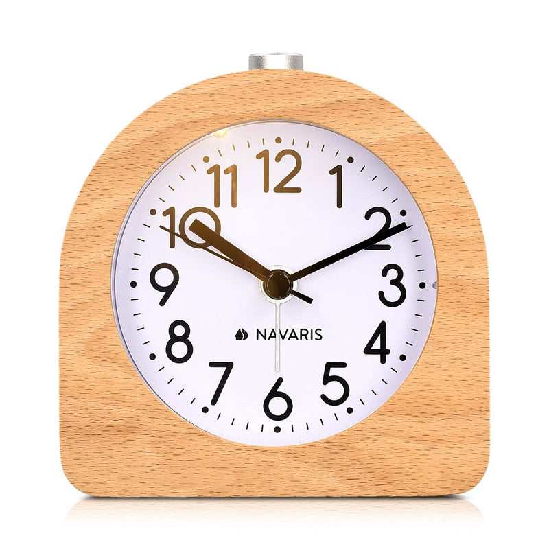 NewNest Australia - Navaris Wood Analog Alarm Clock - Half-Round Battery-Operated Non-Ticking Clock with Snooze Button and Light - Light Brown 