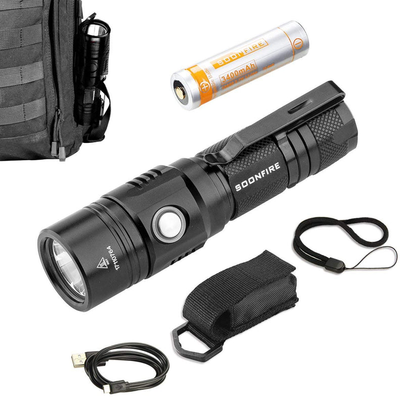 Cree XP-L LED Rechargeable Flashlight,soonfire E07 USB Waterproof 1000 Lumen Compact EDC Flashlight with type 18650 3400mAh rechargeable Li-ion battery (Black) Black - NewNest Australia