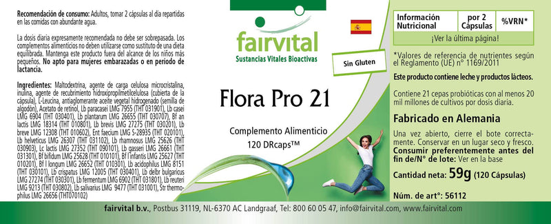 Fairvital Flora Pro 21 - Bacterial Culture Complex - 120 Time-Delayed Capsules - 21 Bacterial Strains - 20 Billion Colony-Forming Units - Quality Tested And High Dose - Made In Germany - NewNest Australia