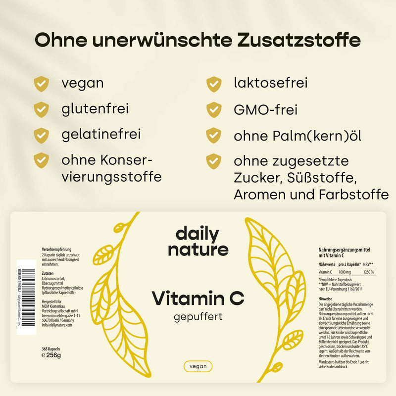 dailynature Vitamin C high dose - buffered | 365 capsules | herbal dietary supplement with 1000 mg vitamin C per daily dose | stomach-friendly | vegan & without additives | compostable can - NewNest Australia