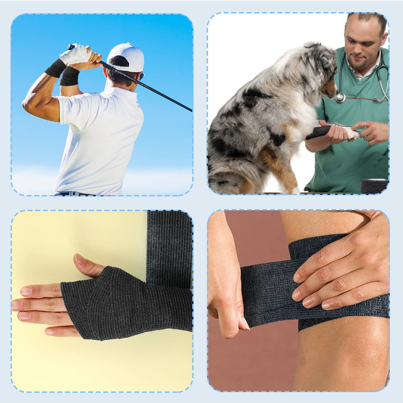 6 Rolls Self Adherent Cohesive Bandages, 5 cm x 4.5 m Non-Woven Cohesive Wrap Uses Include Wrist & Finger Tape Vet Tape Medical Tape Football Sock Tape Sports Tape, Black - NewNest Australia