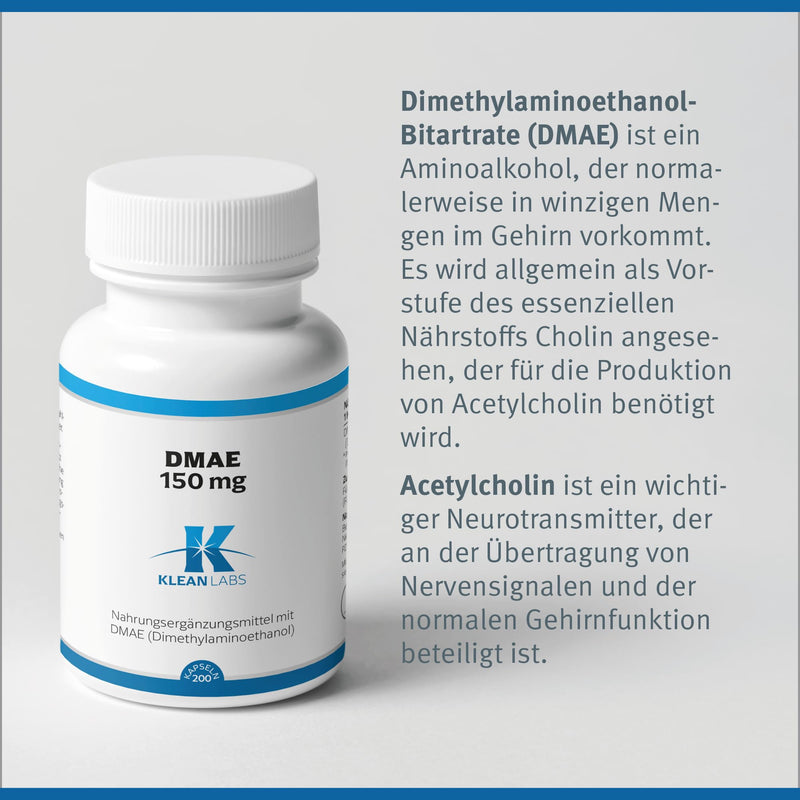 Klean Labs - DMAE (dimethylaminoethanol) 150mg per capsule - 200 capsules - vegan, without genetic engineering, without unwanted additives & high dosage - NewNest Australia