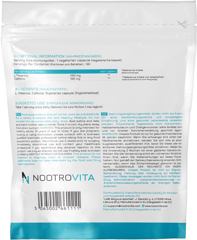 Caffeine L Theanine, 350 Mg, 120 Capsules, Better Concentration, Attention, Mood And Alertness, Vegan Caffeine Tablets 100 Mg With L-Theanine 250 Mg Nootrovita - NewNest Australia