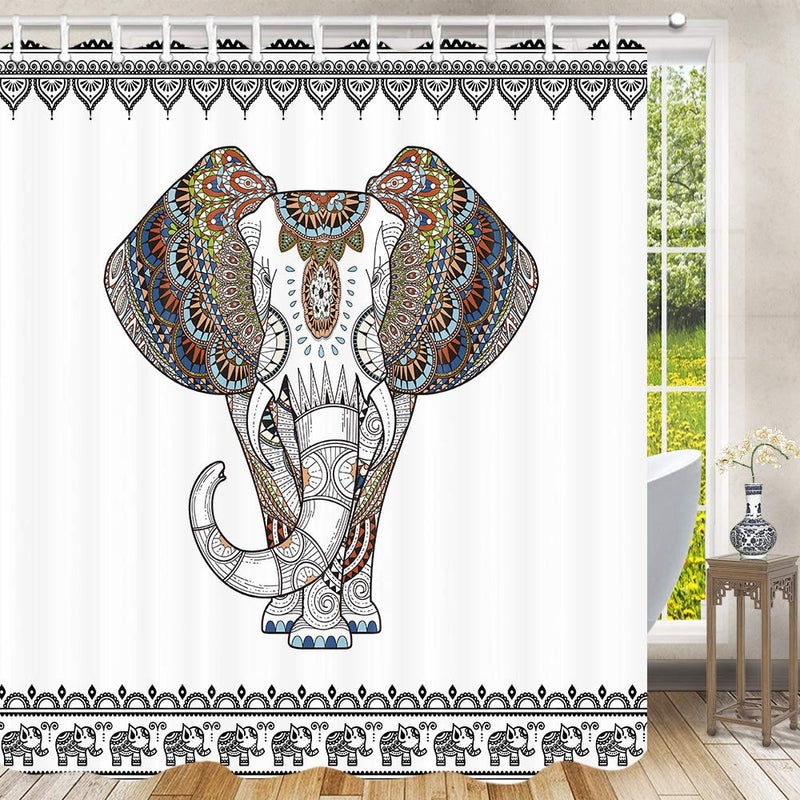 Elephant Shower Curtain, Ethnic Style Bohemian Creative Animal Elephant Black and White Shower Curtain, Fabric Shower Curtain Hooks Include，70 in 70''W By 70''L - NewNest Australia