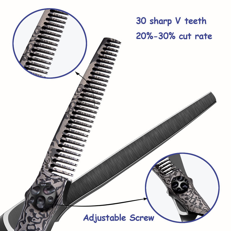 PURPLEBIRD Hair Scissors Hairdressing Scissors 6 Inch Thinning Scissors Sharp Hair Cutting Scissors Japanese 440C Stainless Steel for Men and Women Hair Cutting Scissors with Printed Damascus Stripe - Black - NewNest Australia