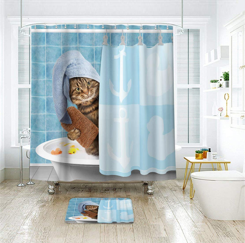 Riyidecor Funny Cat Shower Curtain Animal Kids 12 Pack Metal Fabric Hooks Kitten Yellow Rubber Duck Head Wrapped Bath Towel Blue Decor Fabric Polyester 72" W x 72" H 72Wx72H - NewNest Australia