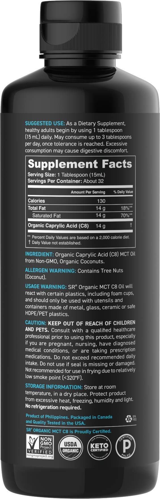 Organic C8 MCT Oil derived from Organic Coconuts | Great in Keto Coffee, Tea, Smoothies & Salad Dressings | Non-GMO Project Verified & Vegan Certified - Unflavored (16oz) 16 Fl Oz (Pack of 1) - NewNest Australia
