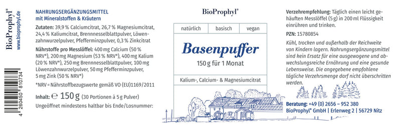 BioProphyl® base buffer with basic minerals as citrate - calcium, potassium, magnesium and zinc + nettle and dandelion powder - 150 g powder (30 portions of 5g each) - 100% vegan - NewNest Australia