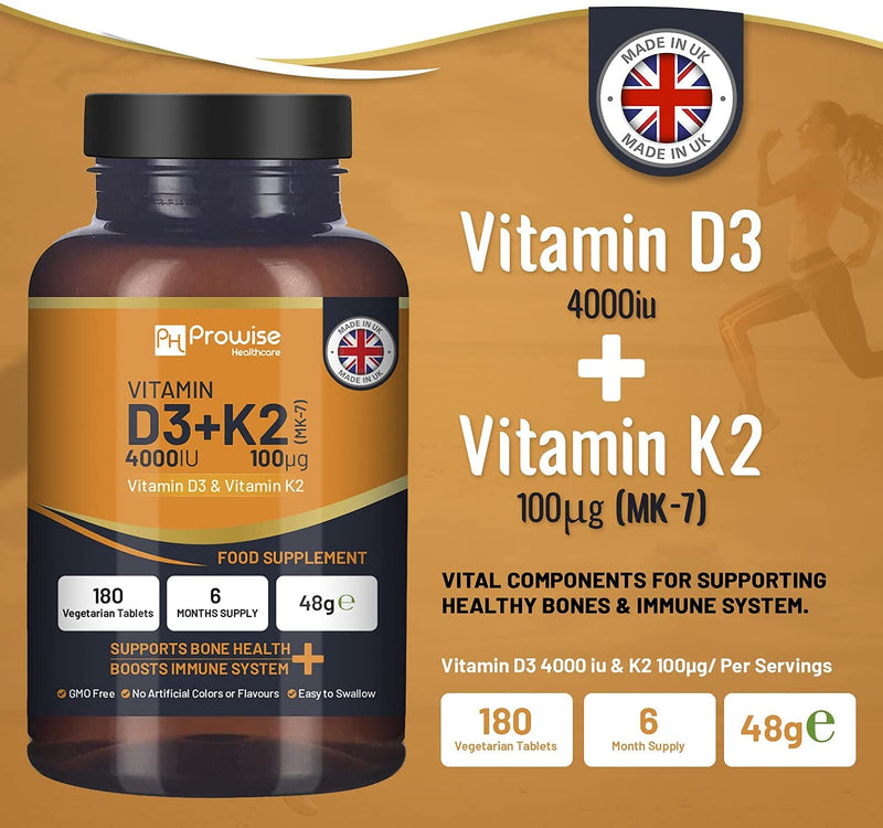 Vitamin D3 4000IU & K2 MK7 100µg Vegetarian Tablets I 180 ( 6 Months Supply) I Easy to Swallow Supplement for Immune Support, Calcium Boost, Bone & Muscle I Made in The UK by Prowise Healthcare - NewNest Australia