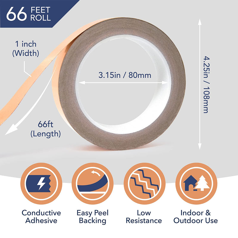 Copper Tape Conductive Adhesive [1 Inch x 66ft] Copper Foil Tape for EMI Shielding Barrier, Guitar Cavity, Electrical Conductive for Soldering, Stained Glass, and More - NewNest Australia