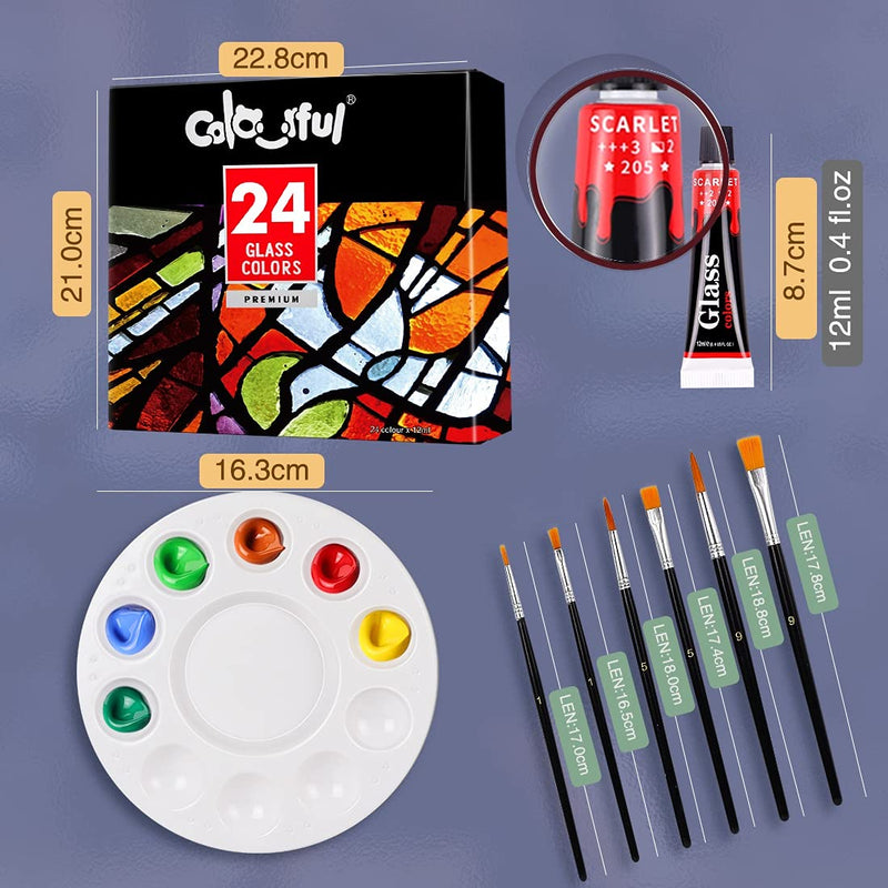 COLORFUL Stain Glass Paint Set with 6 Brushes, 1 Palette, 24 Color Waterproof Acrylic Enamel Painting Kit for Kids to Arts on Transparent Wine Glasses, Light Bulbs, Porcelain, Windows and Ceramics - NewNest Australia