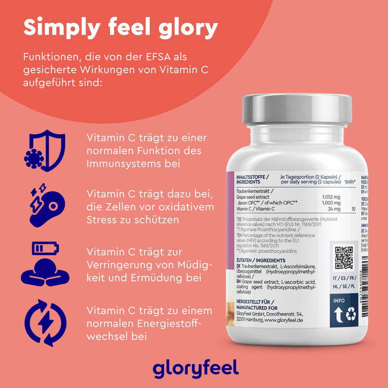 Opc Grape Seed Extract Capsules - 1000Mg Pure Opc From Original French Grapes Per Daily Dose - 95% Real Opc Content Plus Vitamin C - Laboratory Tested And Made In Germany Without Additives - NewNest Australia