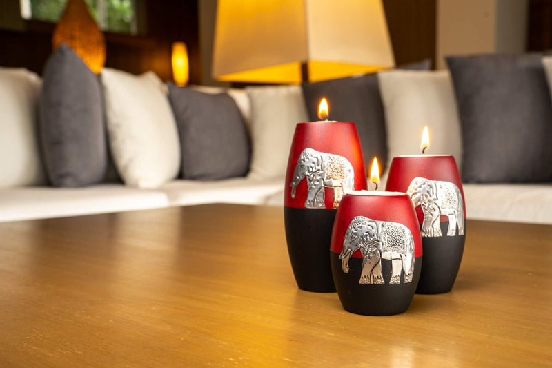 NewNest Australia - IYARA CRAFT 3 Wooden Candle Holders– Decorative Candle Holders with Inlaid Aluminium Antique Elephant – Intricate Details – Matte Wood Finish – Ideal for Modern & Rustic Settings (Rugby Shape) 