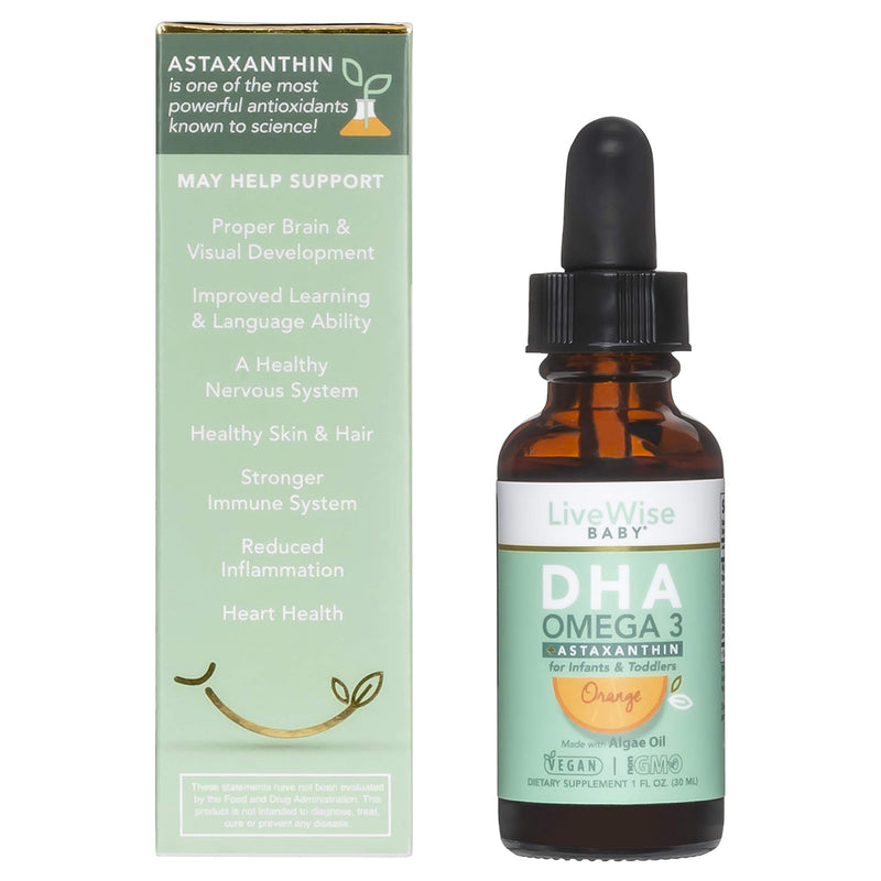 DHA Omega 3 Liquid Drops - Baby Vitamin DHA Omega 3 for Infants Plus Astaxanthin - Vegan Friendly, Great Tasting - Omega 3 Supplement w/Organic Orange Oil Develops Healthy Brain, Eyes, Immune System - NewNest Australia