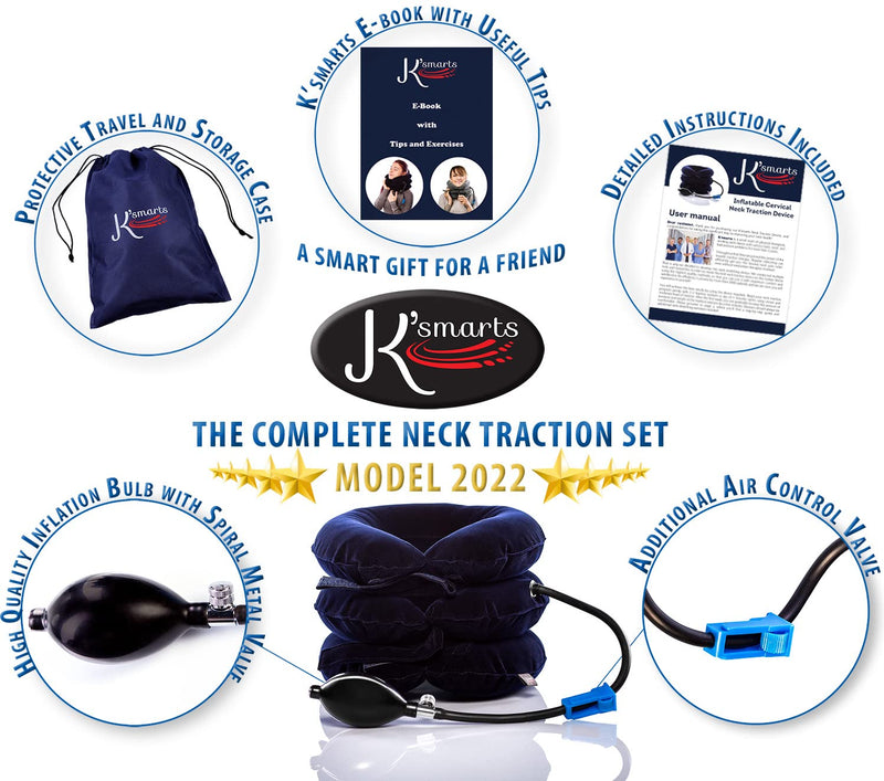 Pinched Nerve Neck Stretcher Cervical Traction Device for Home Pain Treatment | Inflatable Spinal Decompression Collar Unit Muscle Strain Injury Relief | Herniated Disc Problems Remedy Kit (Blue) Blue - NewNest Australia
