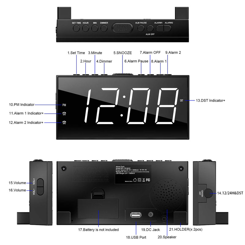 NewNest Australia - Loud LED Digital Alarm Clocks for Bedrooms Bedside with Snooze Digital Clock for Heavy Sleepers Dual Clock with USB Charger, Large White Digit Display, Big Easy Full Range Brightness Dimmer 