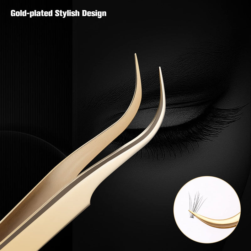 Feryes Eyelash Extension Eyelash Tweezers, Professional Dolphin And Boot Tweezers, Stainless Steel Eyelash Extension Set, Volume Precise Eyelash Tweezers With Tin Box, 2 Pieces, Gold Plated - NewNest Australia
