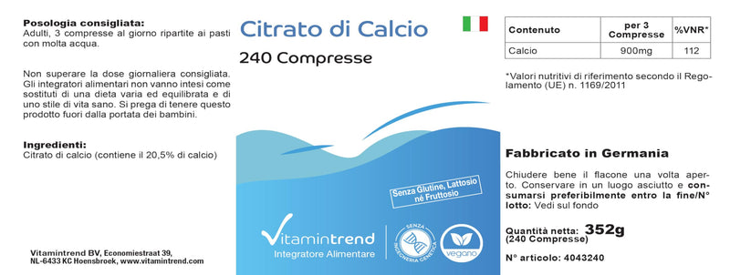 Calcium 900mg - made from calcium citrate - 240 vegan calcium tablets - high dosage | Vitamintrend® - NewNest Australia